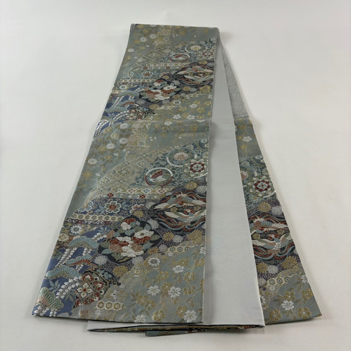 【美品】 袋帶 秀品級 草花紋 向鳥 金絲 金金箔 青灰 六通 純蠶絲