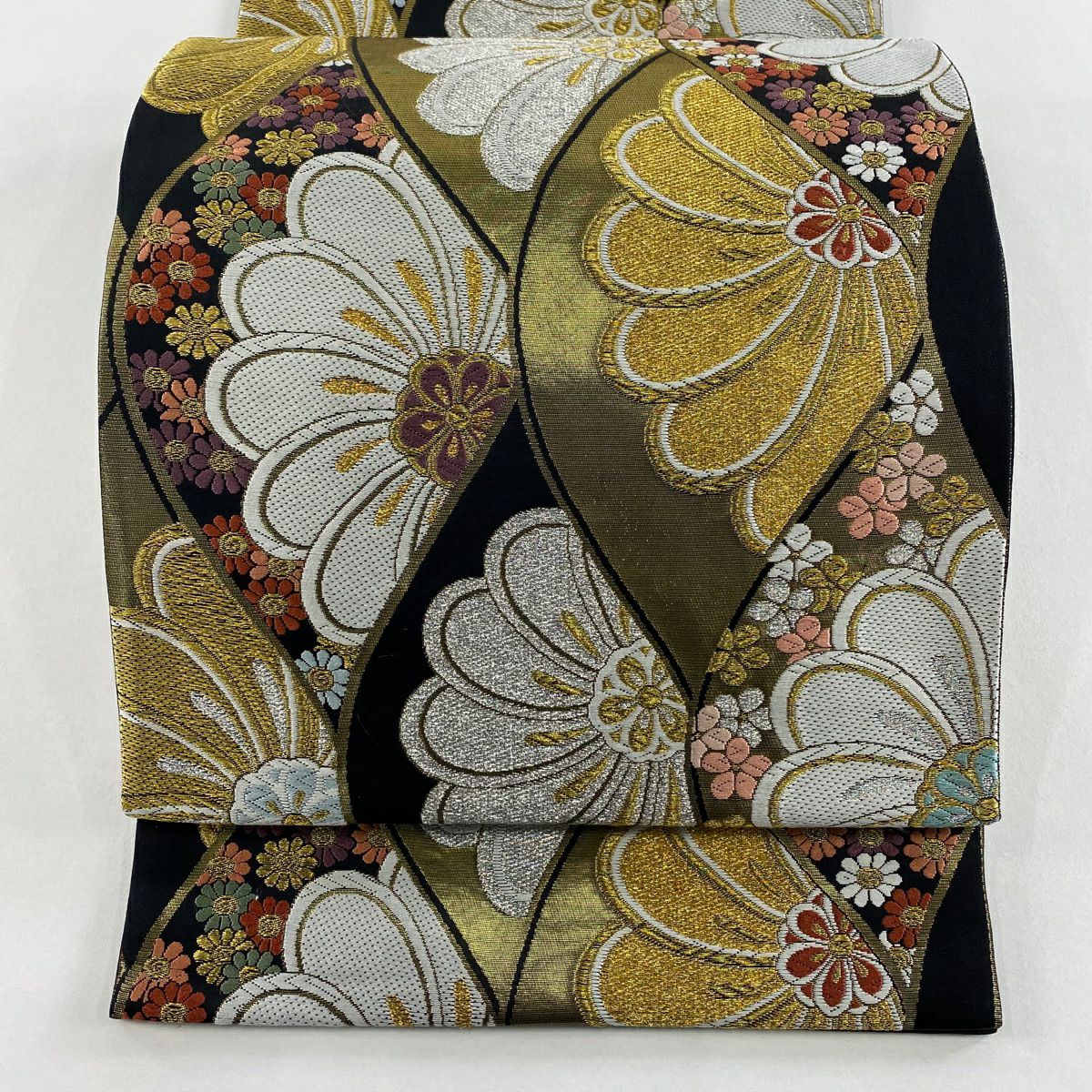 【美品】 袋帶 秀品級 菊花花 金銀彩 金金箔 黑 六通 純蠶絲