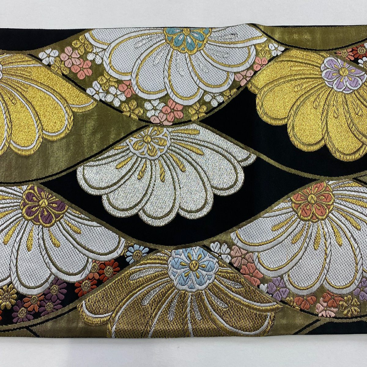 【美品】 袋帶 秀品級 菊花花 金銀彩 金金箔 黑 六通 純蠶絲
