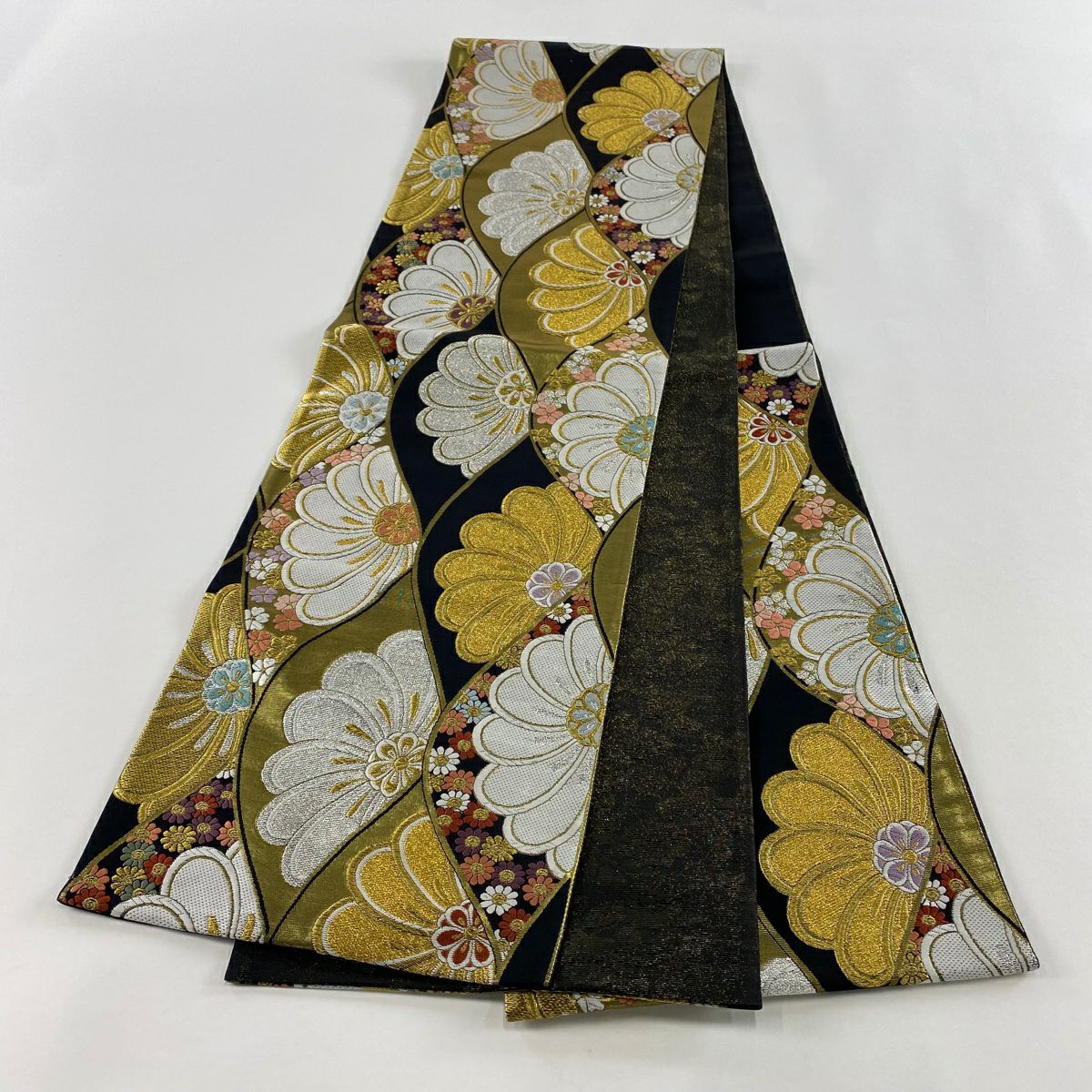 【美品】 袋帶 秀品級 菊花花 金銀彩 金金箔 黑 六通 純蠶絲