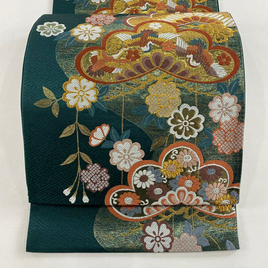 袋帶 秀品級 笠松樹 仙鶴 金絲 金金箔 深綠 六通 純蠶絲
