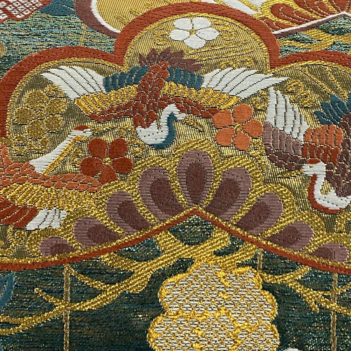 袋帶 秀品級 笠松樹 仙鶴 金絲 金金箔 深綠 六通 純蠶絲