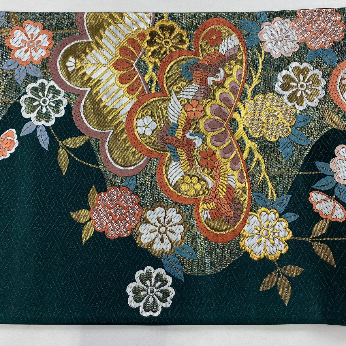 袋帶 秀品級 笠松樹 仙鶴 金絲 金金箔 深綠 六通 純蠶絲