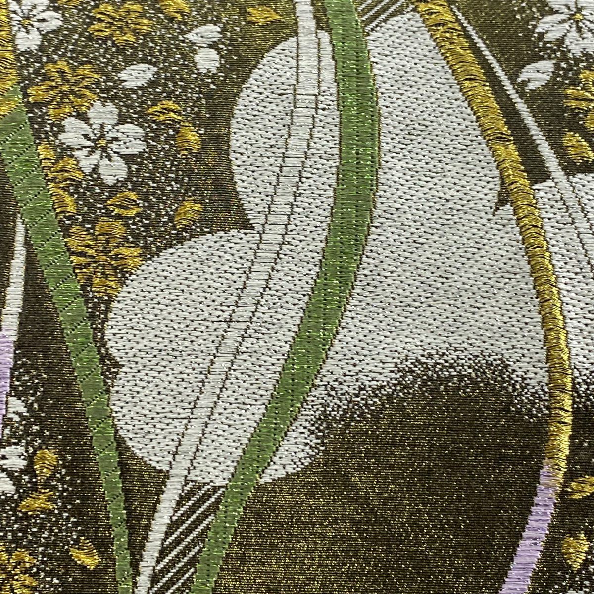 【美品】 袋帶 秀品級櫻花 よろけ縞 金絲 金金箔 金色 六通 純蠶絲