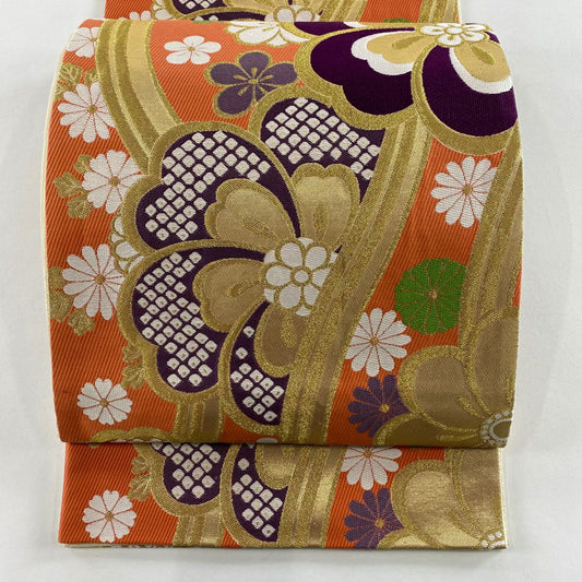 袋帶 秀品級 櫻花 梅花花 金絲 金金箔 鮭粉色 六通 純蠶絲