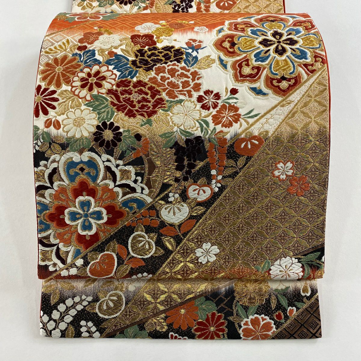 袋帶 秀品級 華紋 花車 唐織 金絲 紅茶 六通 純蠶絲
