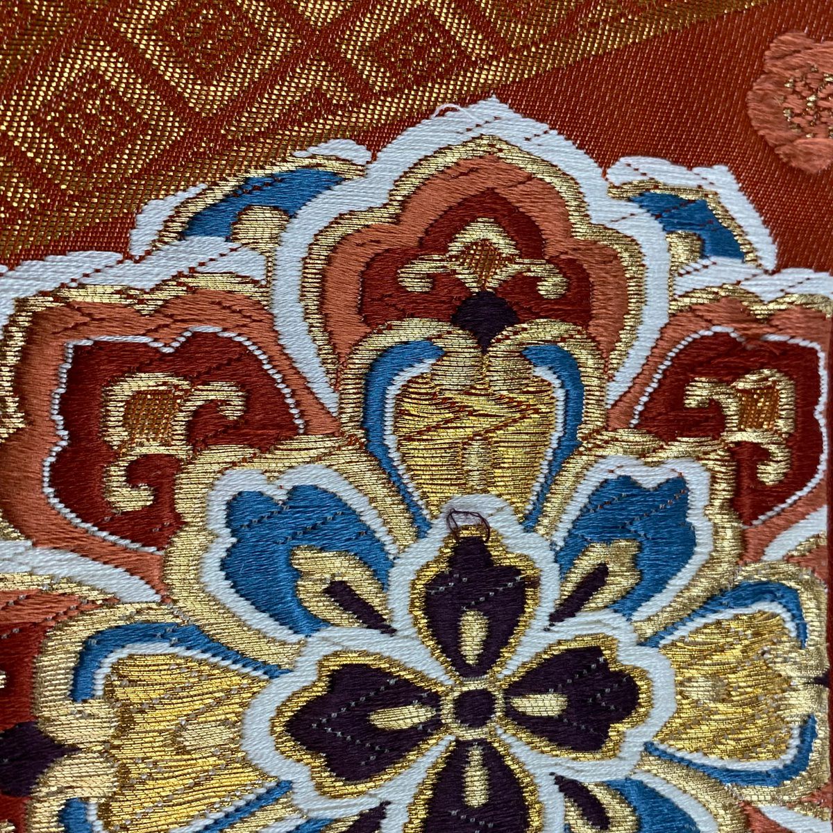 袋帶 秀品級 華紋 花車 唐織 金絲 紅茶 六通 純蠶絲