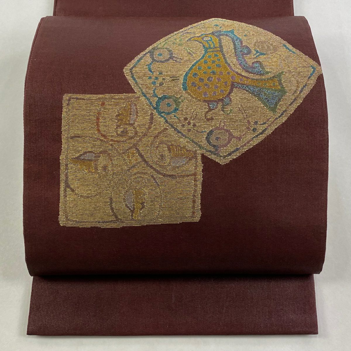 【美品】 袋帶 秀品級 鳥 幾何圖案 金金箔 深紅色 大鼓圖案 純蠶絲