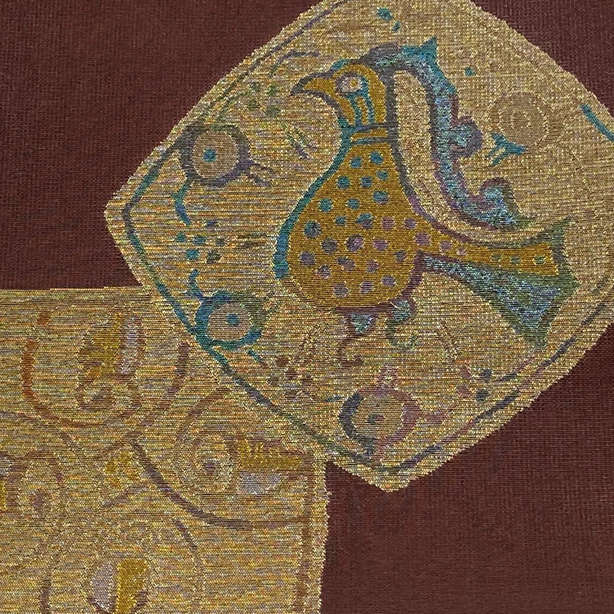 【美品】 袋帶 秀品級 鳥 幾何圖案 金金箔 深紅色 大鼓圖案 純蠶絲