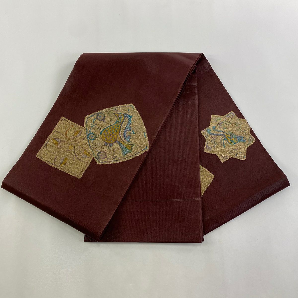 【美品】 袋帶 秀品級 鳥 幾何圖案 金金箔 深紅色 大鼓圖案 純蠶絲