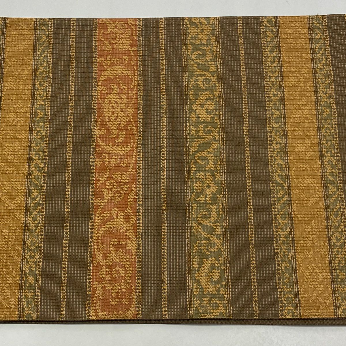【美品】 袋帶 秀品級 段紋 花唐草紋 金絲 茶 全通 純蠶絲
