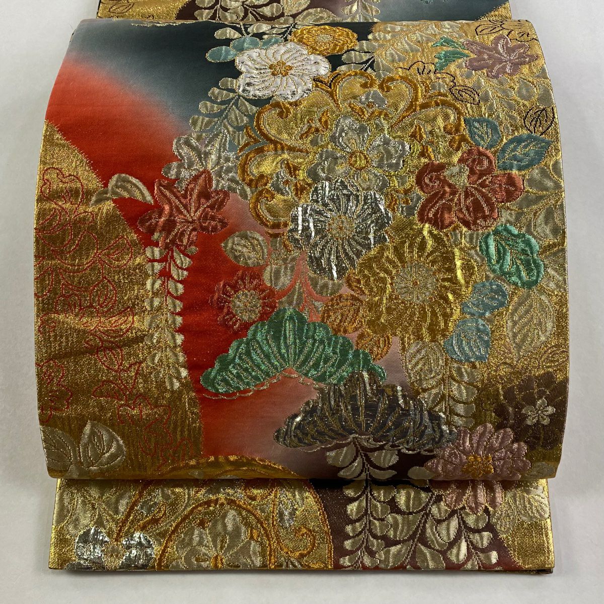 【美品】 袋帶 秀品級 辻花染圖案 華紋 金金箔 漸層 朱色 六通 純蠶絲
