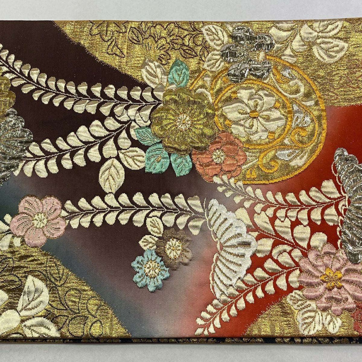 【美品】 袋帶 秀品級 辻花染圖案 華紋 金金箔 漸層 朱色 六通 純蠶絲