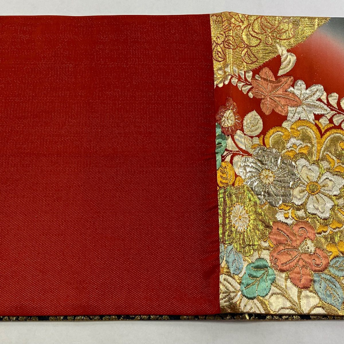 【美品】 袋帶 秀品級 辻花染圖案 華紋 金金箔 漸層 朱色 六通 純蠶絲