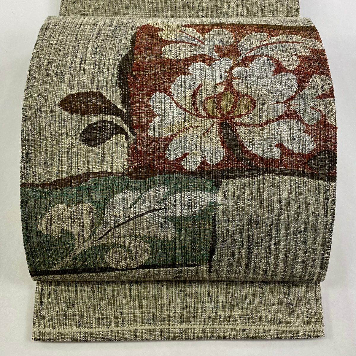 【美品】 袋帶 秀品級 關西仕立 草花紋 金糸 灰綠 お太鼓柄 純蠶絲