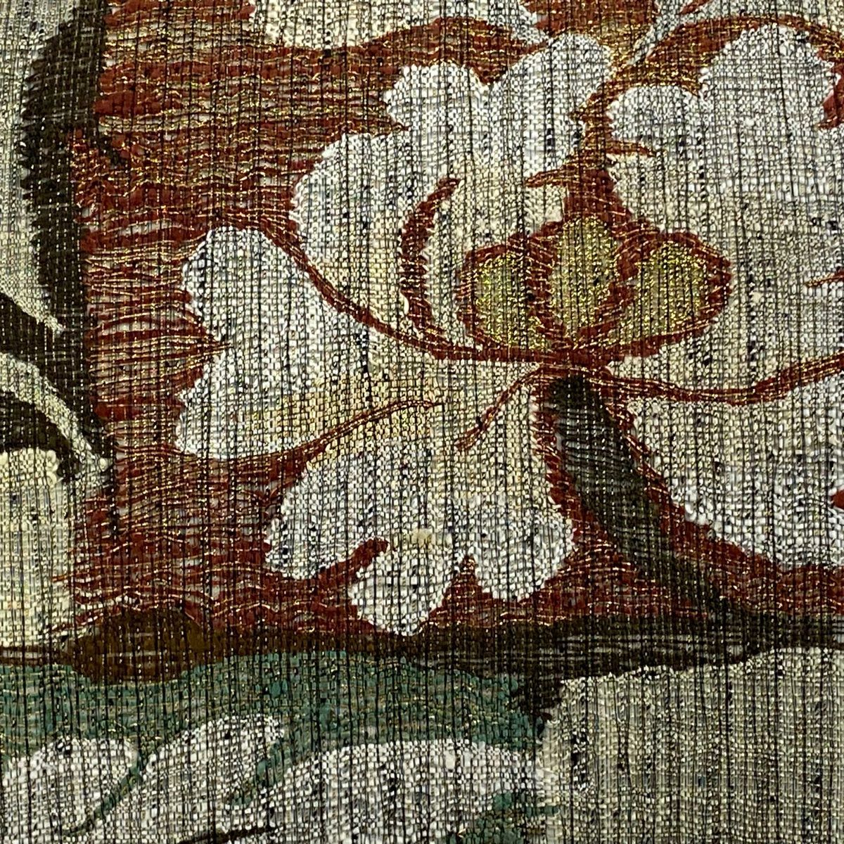 【美品】 袋帶 秀品級 關西仕立 草花紋 金糸 灰綠 お太鼓柄 純蠶絲