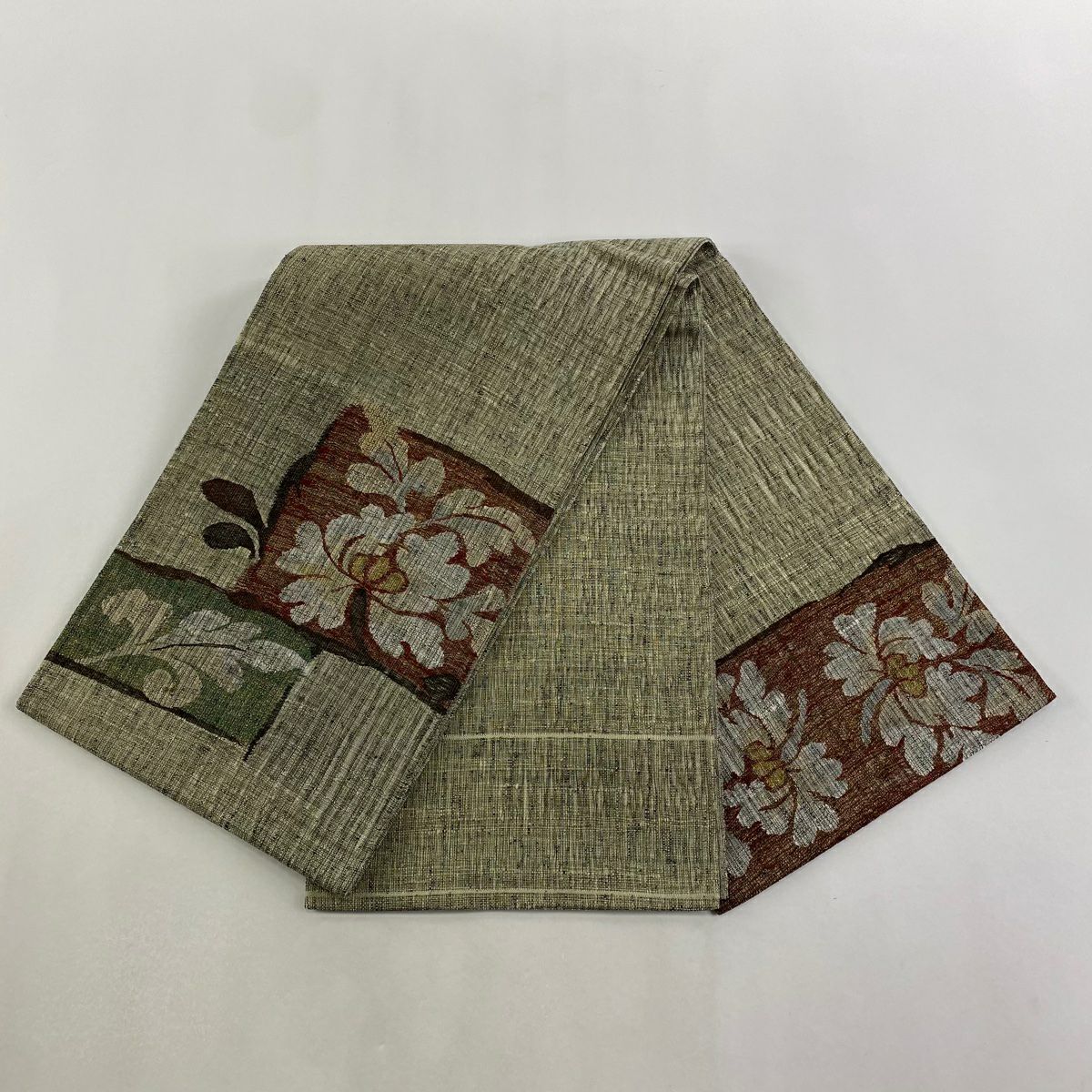 【美品】 袋帶 秀品級 關西仕立 草花紋 金糸 灰綠 お太鼓柄 純蠶絲