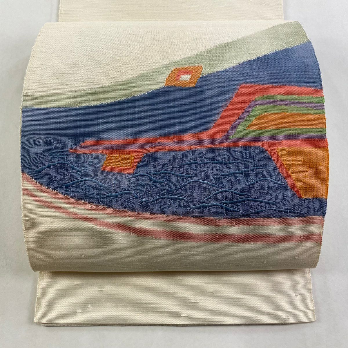 【美品】名古屋帶 秀品級 八寸名古屋帶 松樹葉仕立 幾何學圖案 波浪 奶油色 純蠶絲