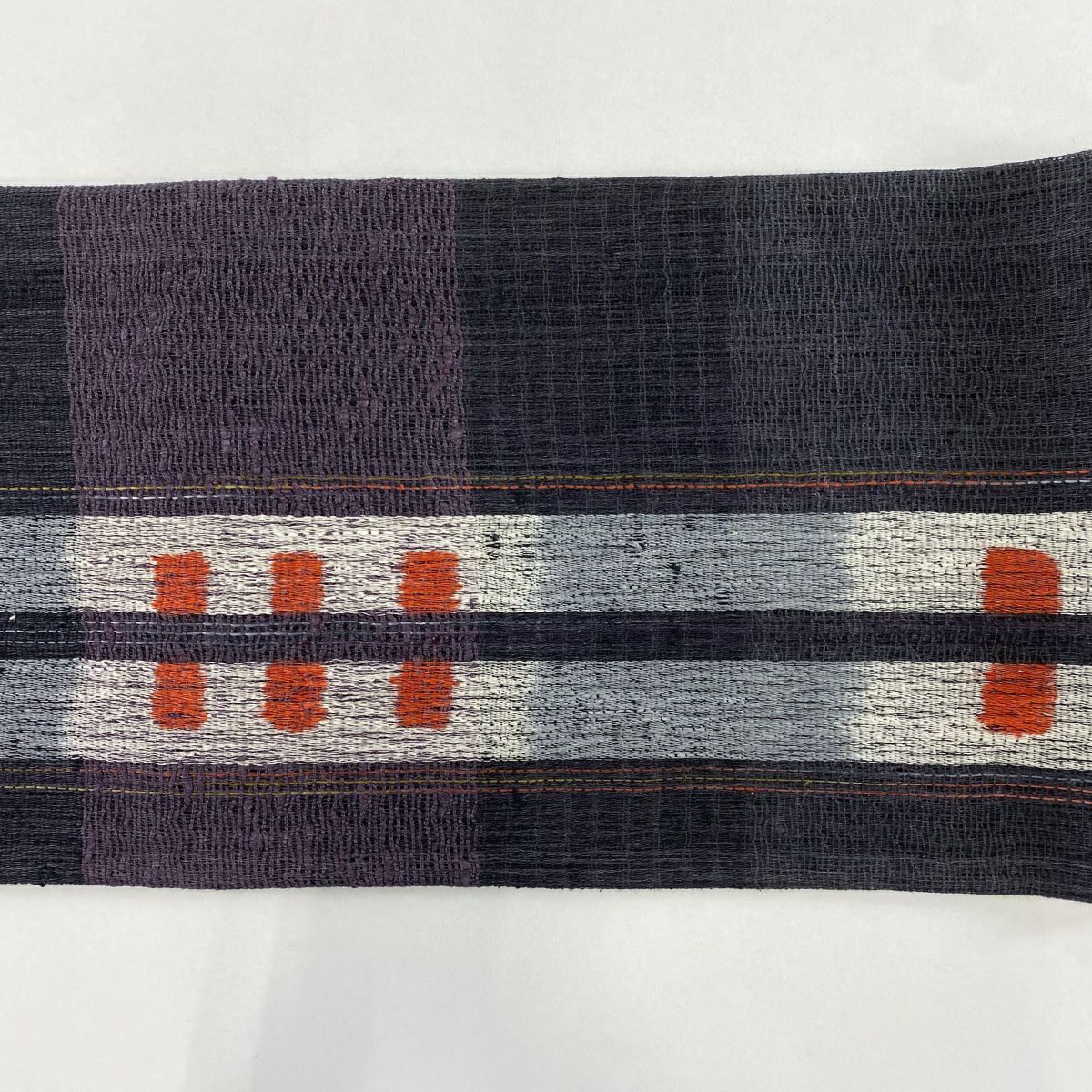 【美品】 袋帶 秀品級 縞 幾何學圖案 灰紫 お太鼓柄 純蠶絲
