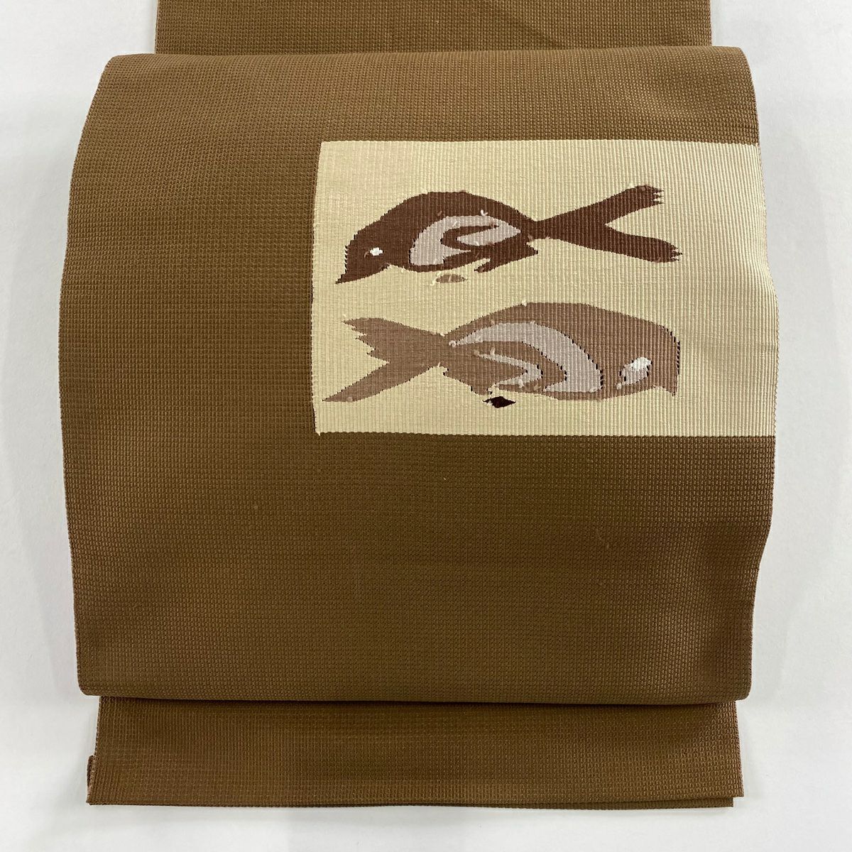 【美品】 名古屋帶 秀品級 八寸名古屋帶 鳥 茶 純蠶絲