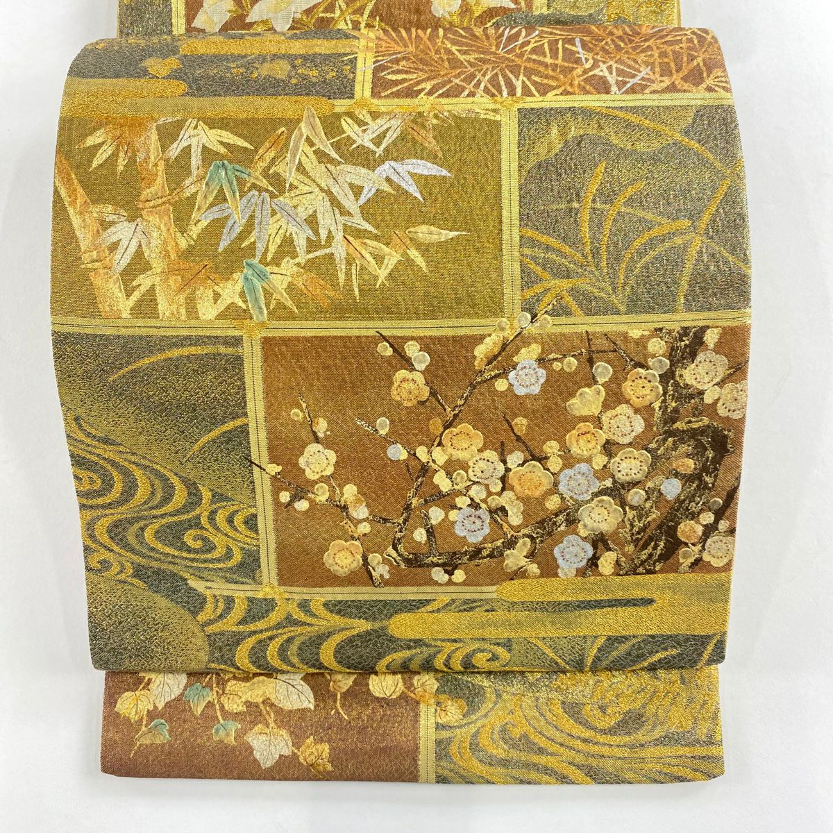 袋帶 秀品級 松樹竹子梅花 流水 金絲 金金箔 金色 全通 純蠶絲