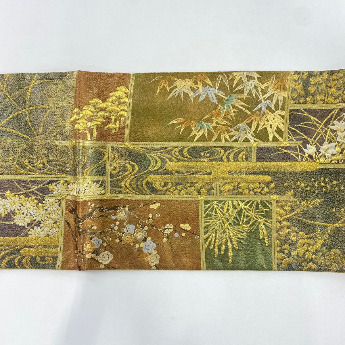 袋帶 秀品級 松樹竹子梅花 流水 金絲 金金箔 金色 全通 純蠶絲