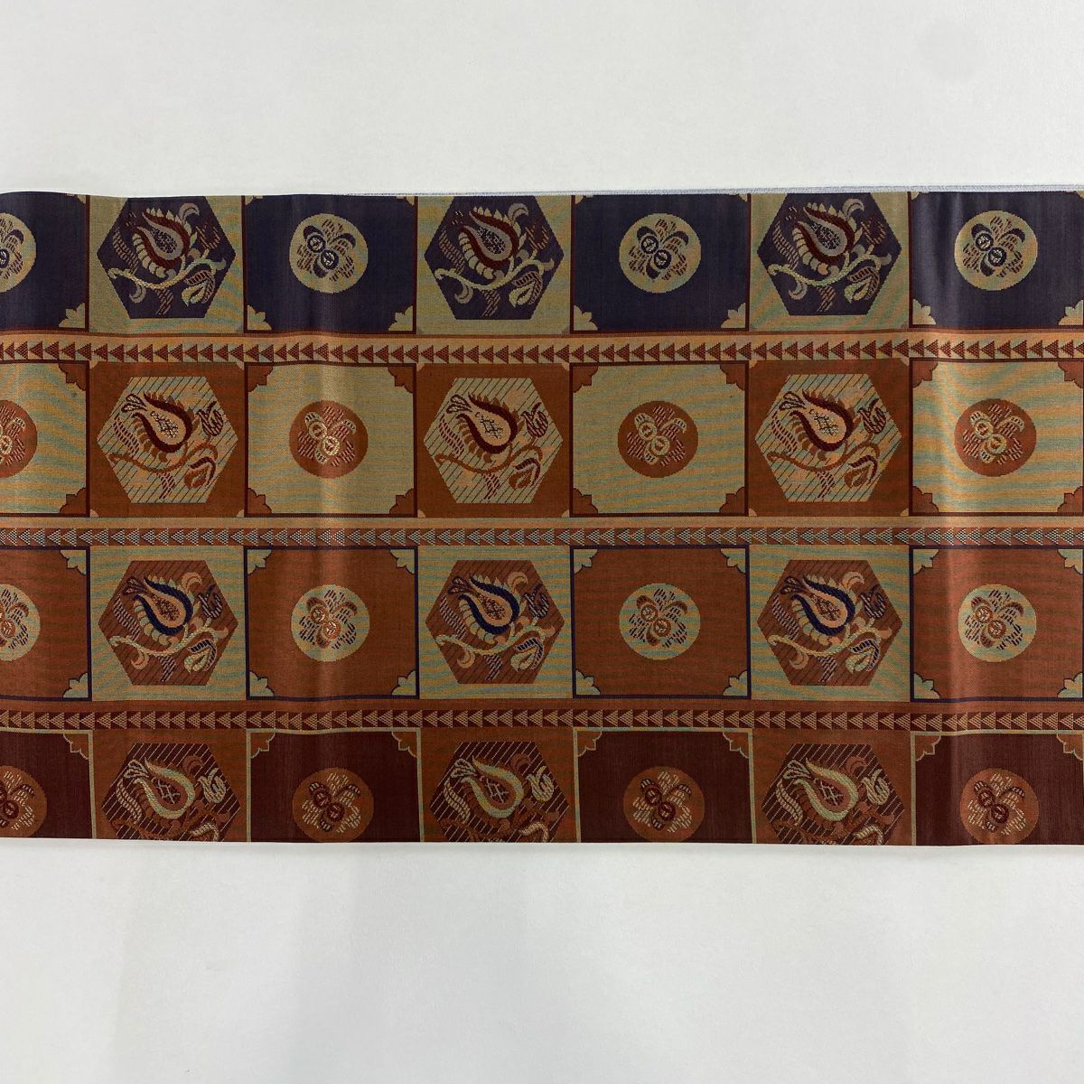 【美品】 袋帶 秀品級 草花紋 格子 紅茶 全通 純蠶絲