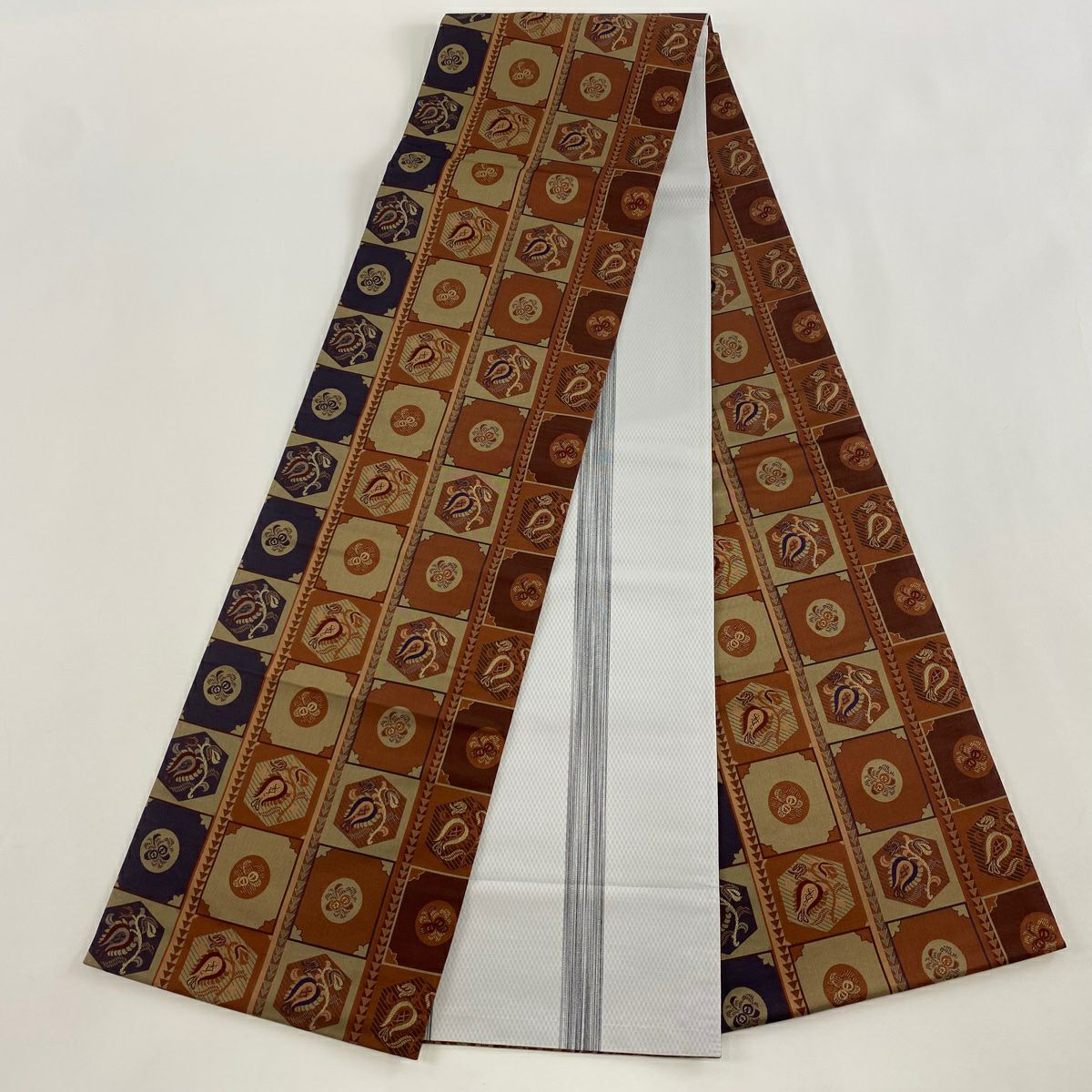 【美品】 袋帶 秀品級 草花紋 格子 紅茶 全通 純蠶絲