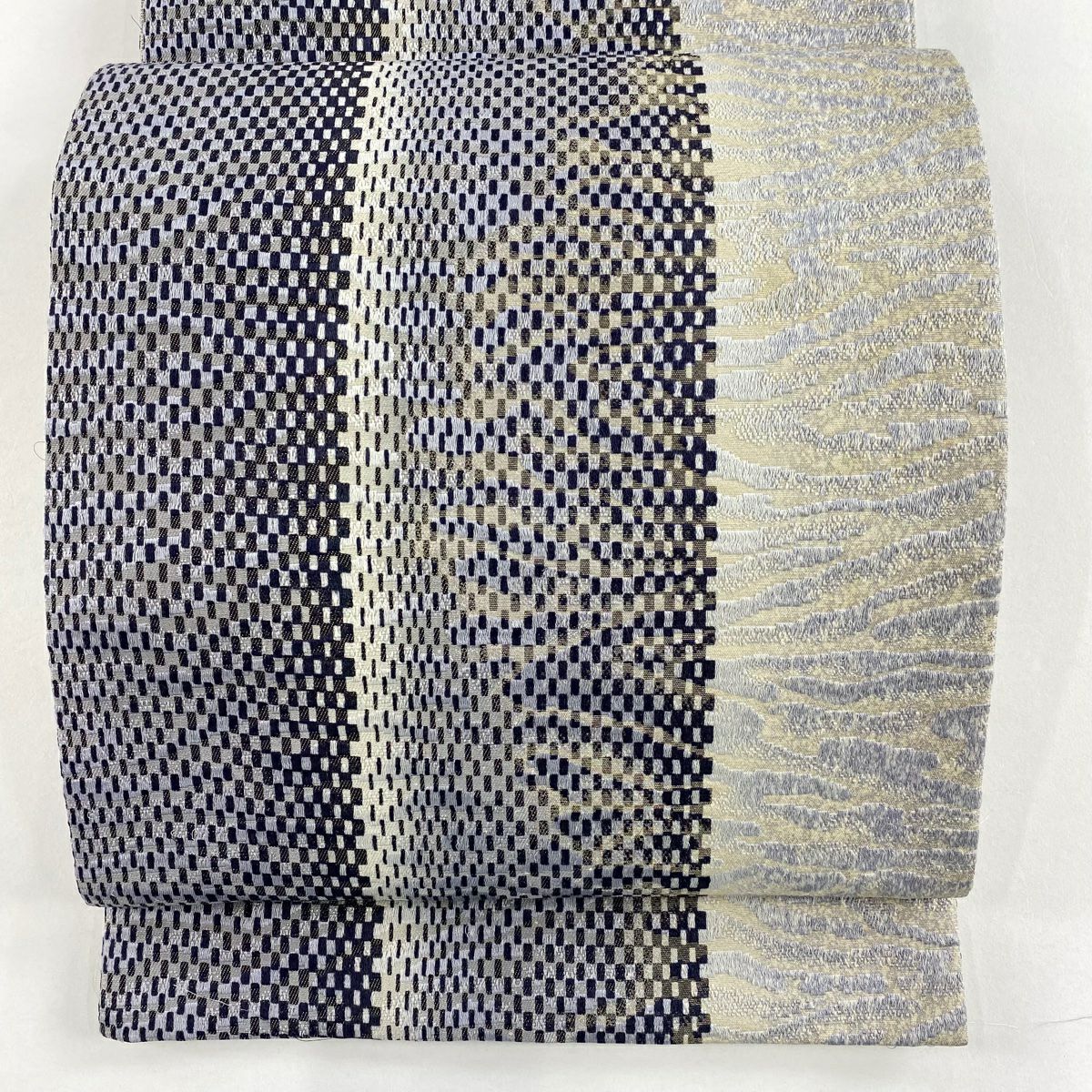 【美品】 袋帶 秀品級 幾何圖案 金絲 灰色 全通 純蠶絲