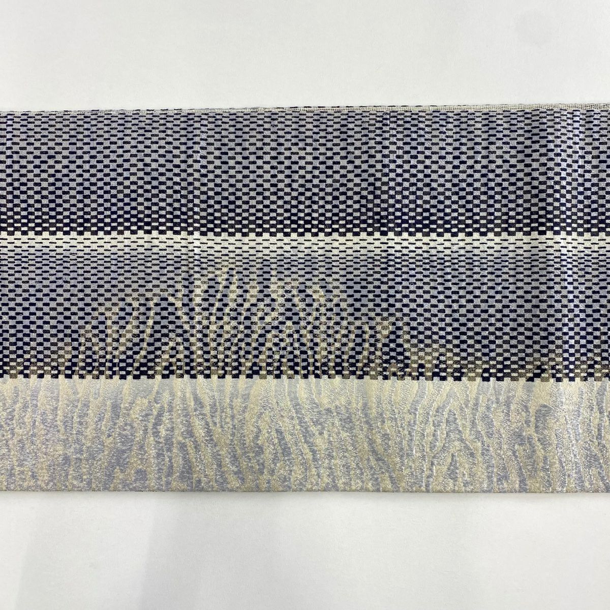 【美品】 袋帶 秀品級 幾何圖案 金絲 灰色 全通 純蠶絲