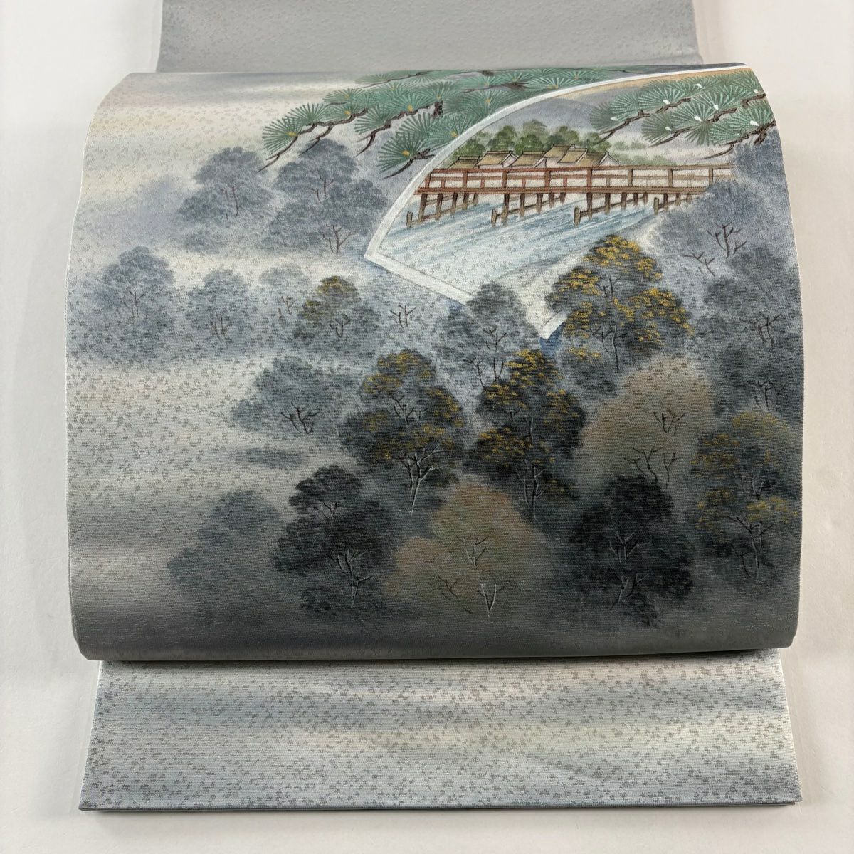 【美品】 袋帶 秀品級 松樹 風景 金銀彩 金金箔 青灰 純蠶絲