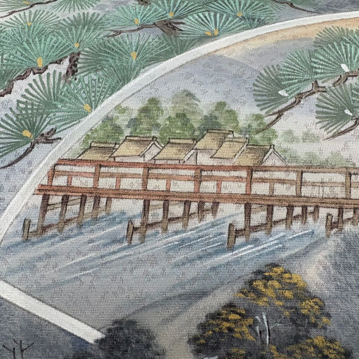 【美品】 袋帶 秀品級 松樹 風景 金銀彩 金金箔 青灰 純蠶絲