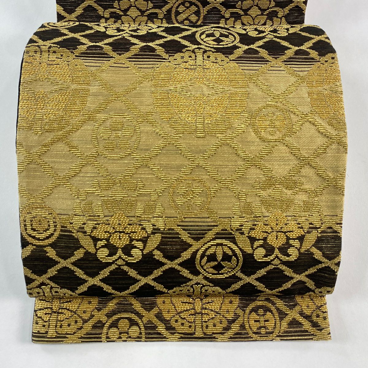 袋帶 名品級 向蝶 草花紋 金絲 淺茶 深色 六通 純蠶絲