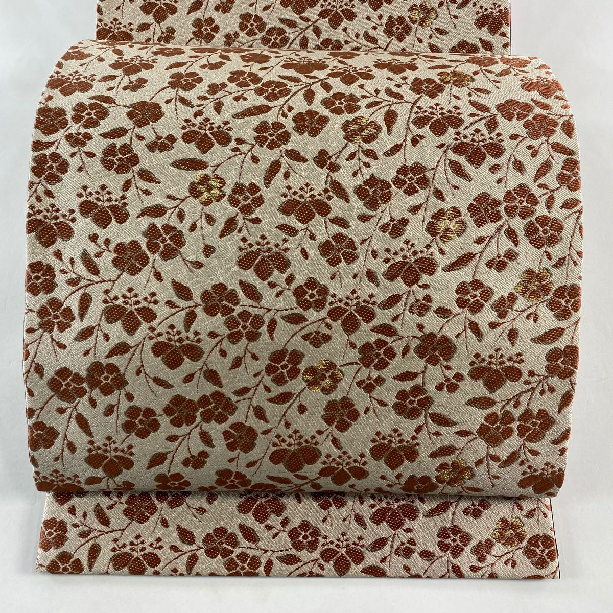 【美品】 袋帶 名品級 草花紋紋 桐 金絲 米色 大鼓圖案 純蠶絲