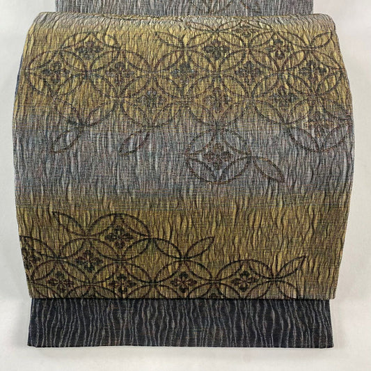 【美品】 袋帶 名品級 七寶 段紋 金絲 金金箔 青灰 深藍色 六通 純蠶絲