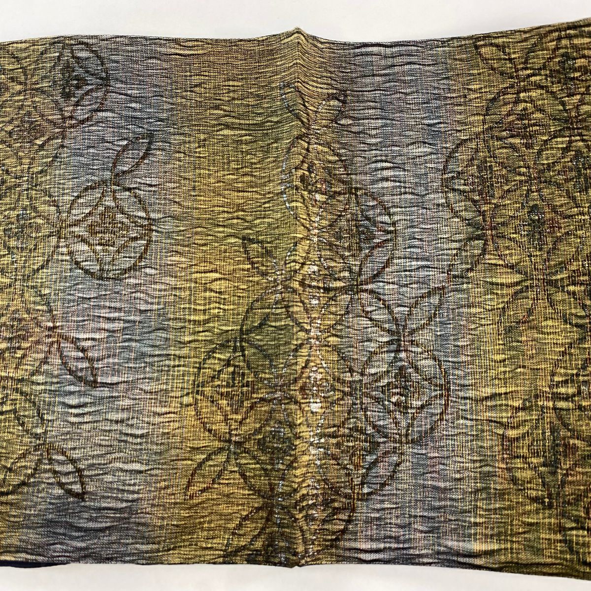 【美品】 袋帶 名品級 七寶 段紋 金絲 金金箔 青灰 深藍色 六通 純蠶絲