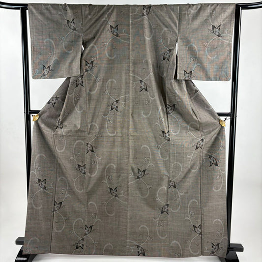 【美品】 紬織織 身長166cm 袖長64cm M 雙層 唐草紋 蝶 灰茶 純蠶絲 秀品級