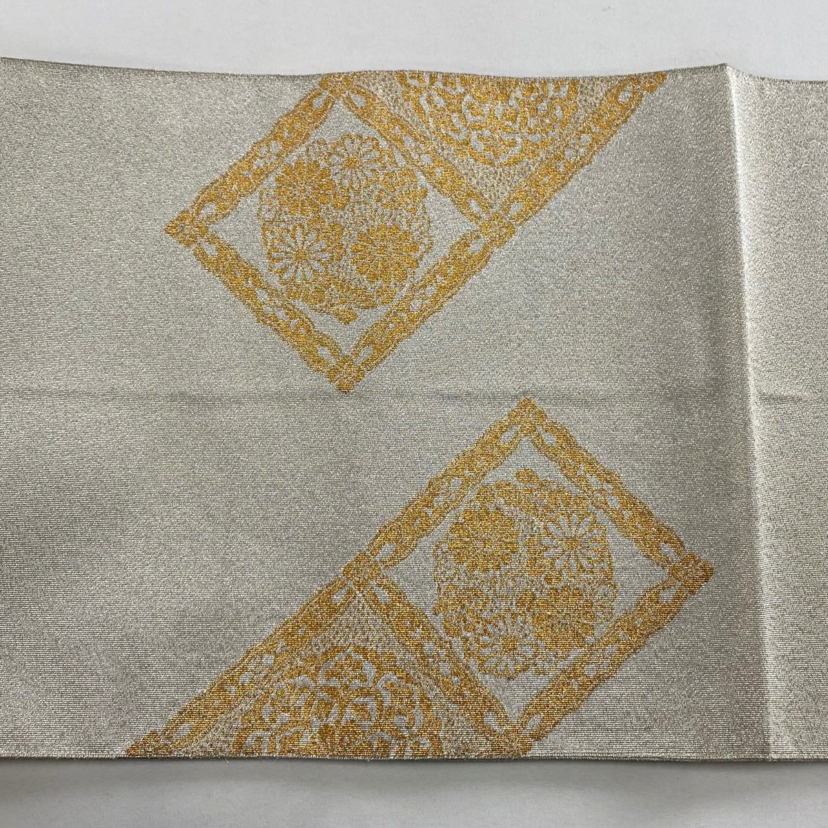 袋帶 秀品級 華紋 仙鶴 金金箔 米色 お太鼓圖案 純蠶絲