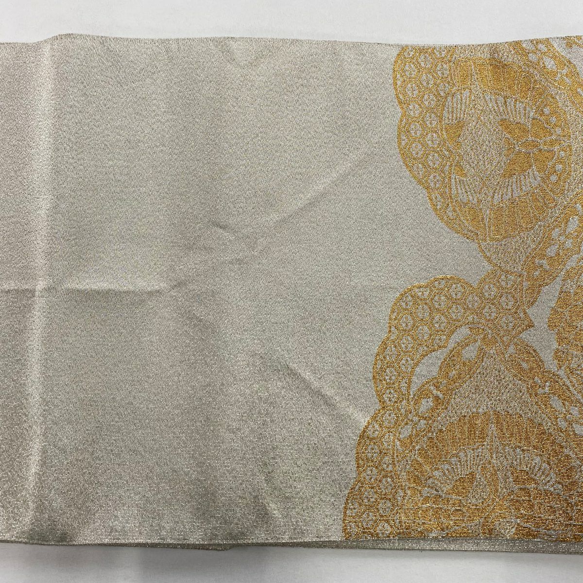 袋帶 秀品級 華紋 仙鶴 金金箔 米色 お太鼓圖案 純蠶絲
