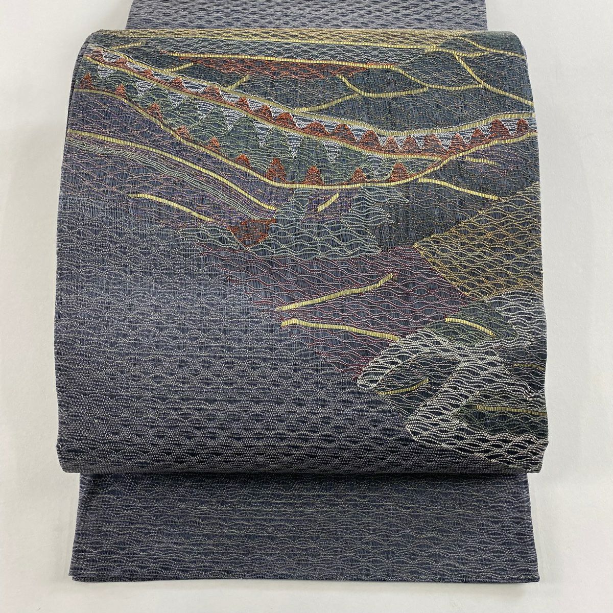 【美品】 袋帶 秀品級 夏帶 波 幾何圖案 金銀彩 深藍色 大鼓圖案 純蠶絲