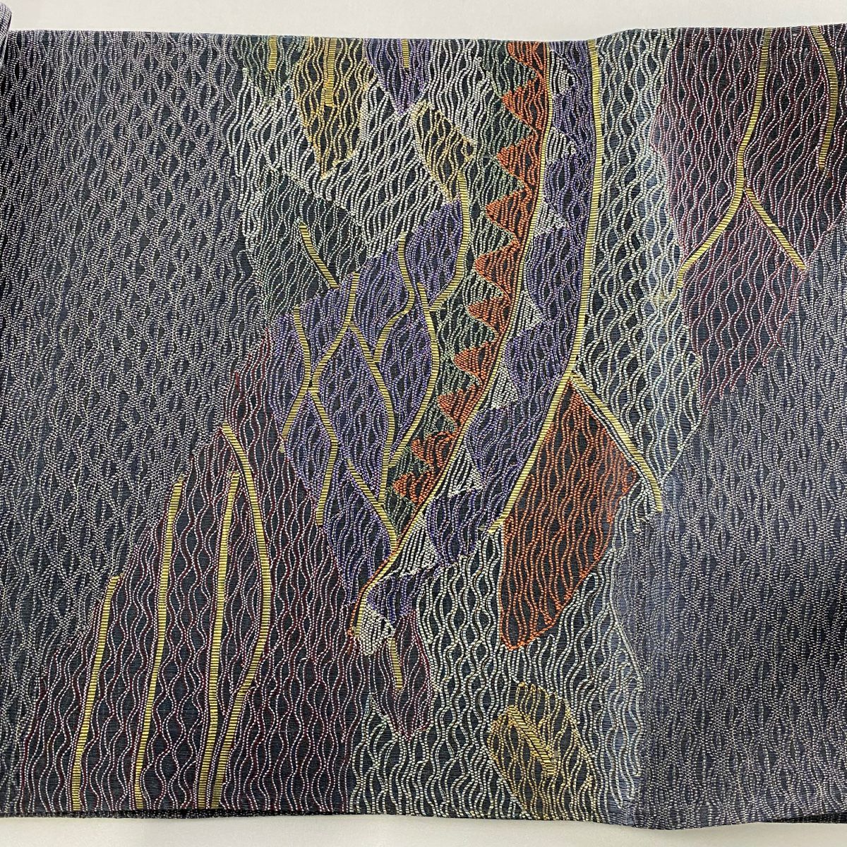 【美品】 袋帶 秀品級 夏帶 波 幾何圖案 金銀彩 深藍色 大鼓圖案 純蠶絲