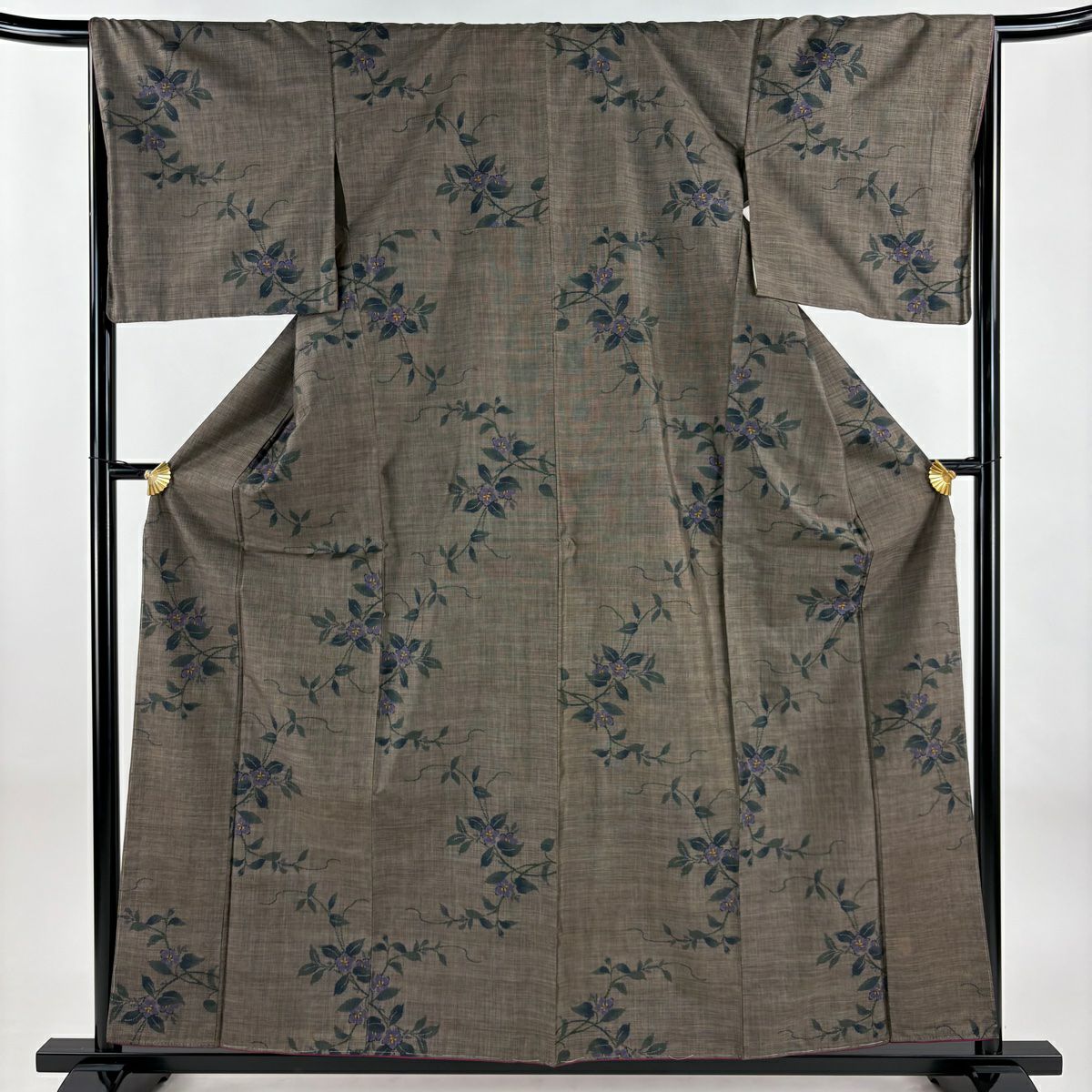 紬織 身長159.5cm 袖長67cm M 雙層 草花紋紋 焦茶 純蠶絲 秀品級