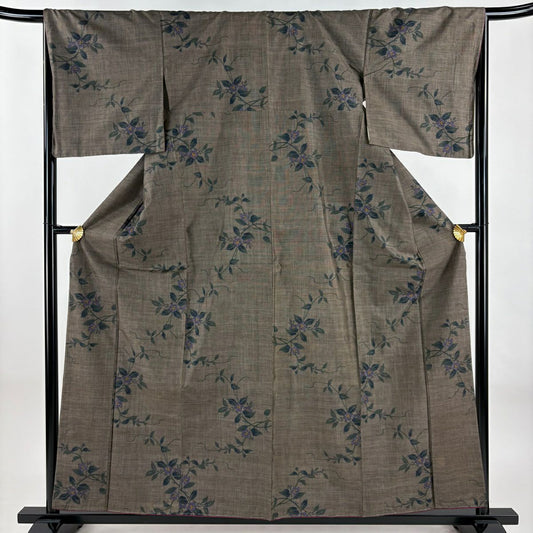 紬織 身長159.5cm 袖長67cm M 雙層 草花紋紋 焦茶 純蠶絲 秀品級