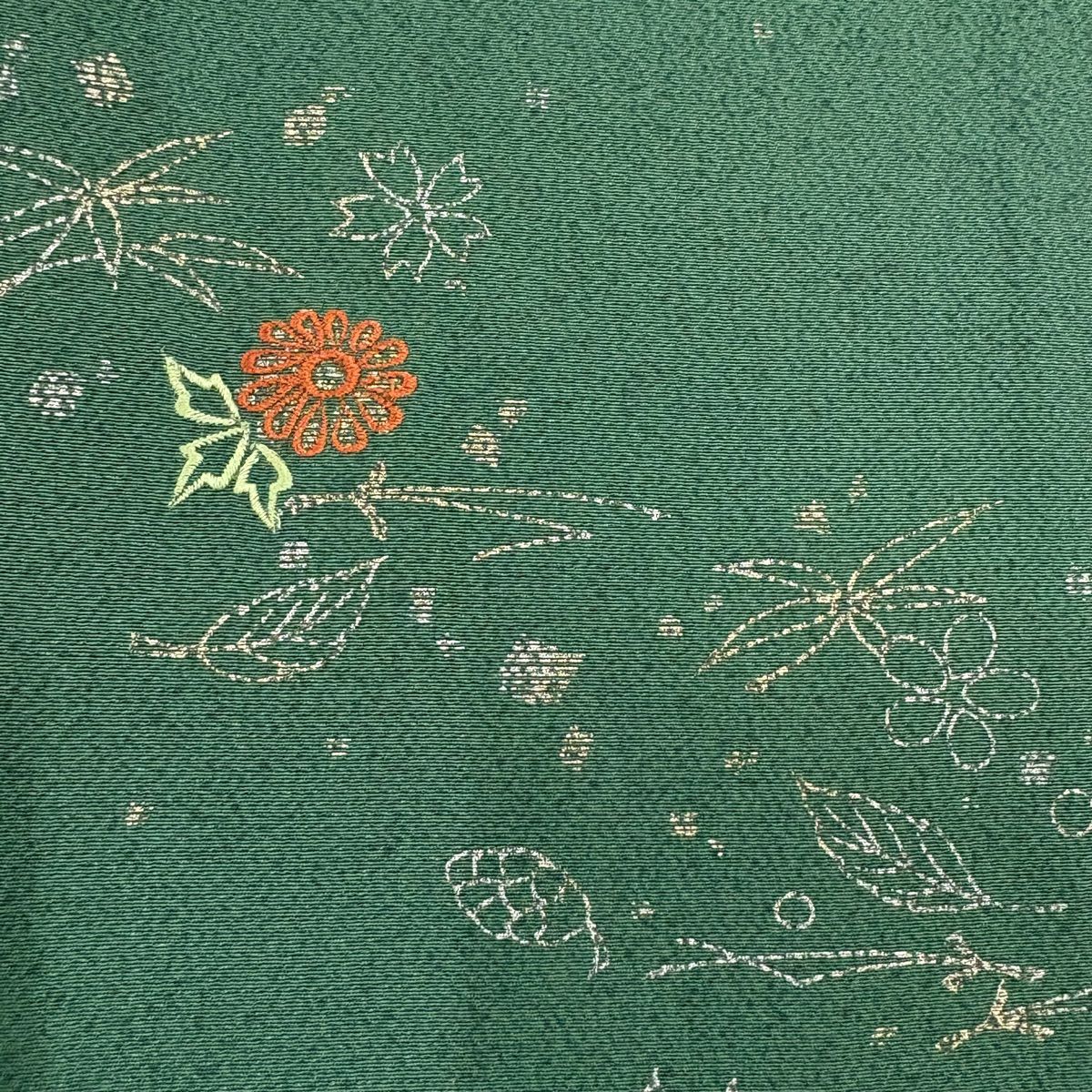 【美品】 付下 身長159cm 袖長66cm M 雙層 草花紋紋 金金箔散佈 刺繡 金銀彩 綠色 純蠶絲 優品級