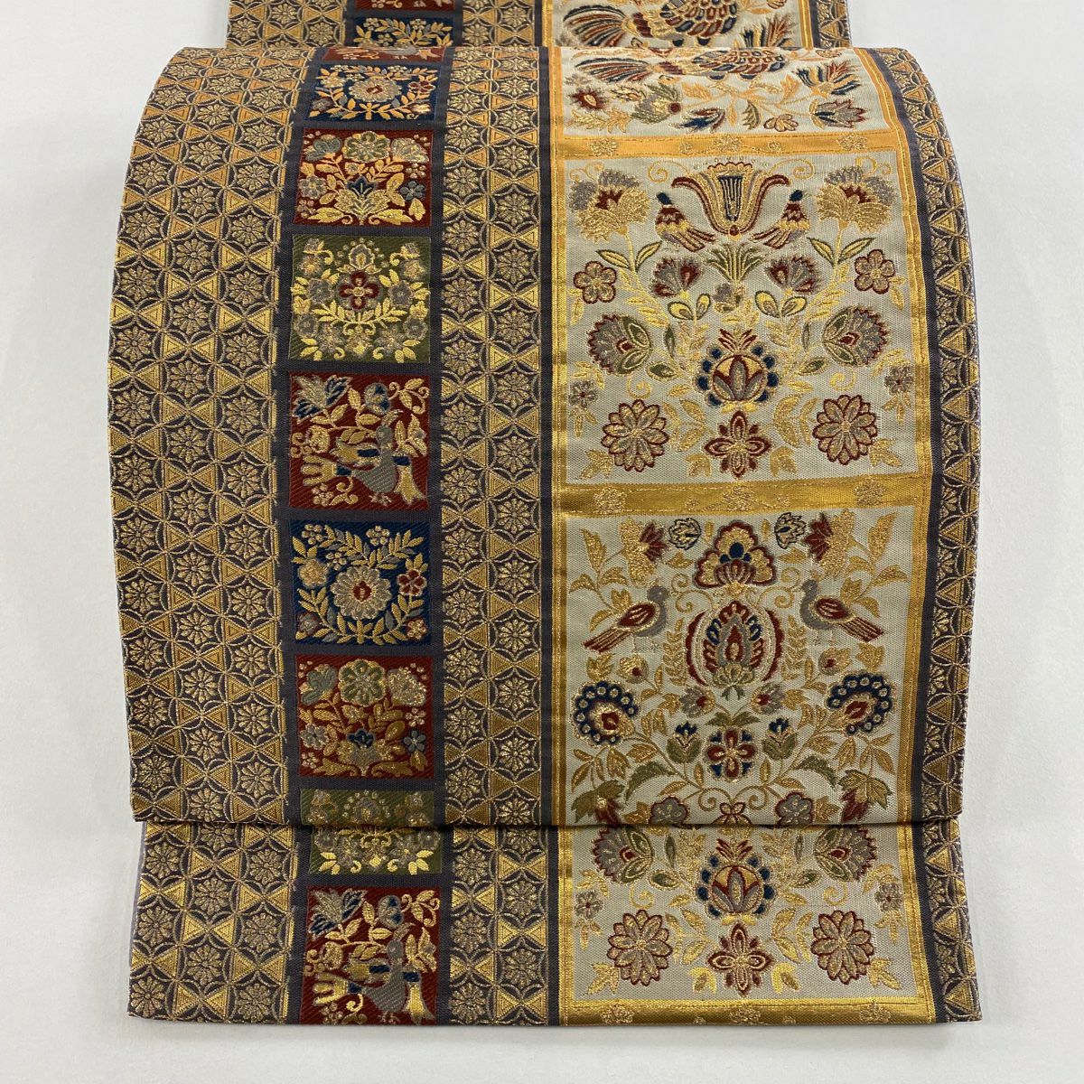 【美品】 袋帶 秀品級 鳥 花唐草紋 金金箔 唐織 灰 深藍 六通 純蠶絲