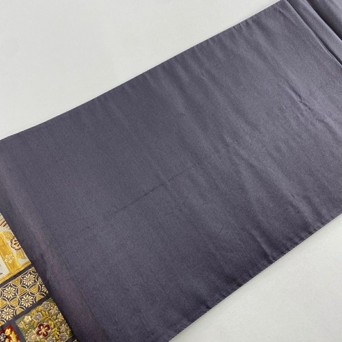 【美品】 袋帶 秀品級 鳥 花唐草紋 金金箔 唐織 灰 深藍 六通 純蠶絲