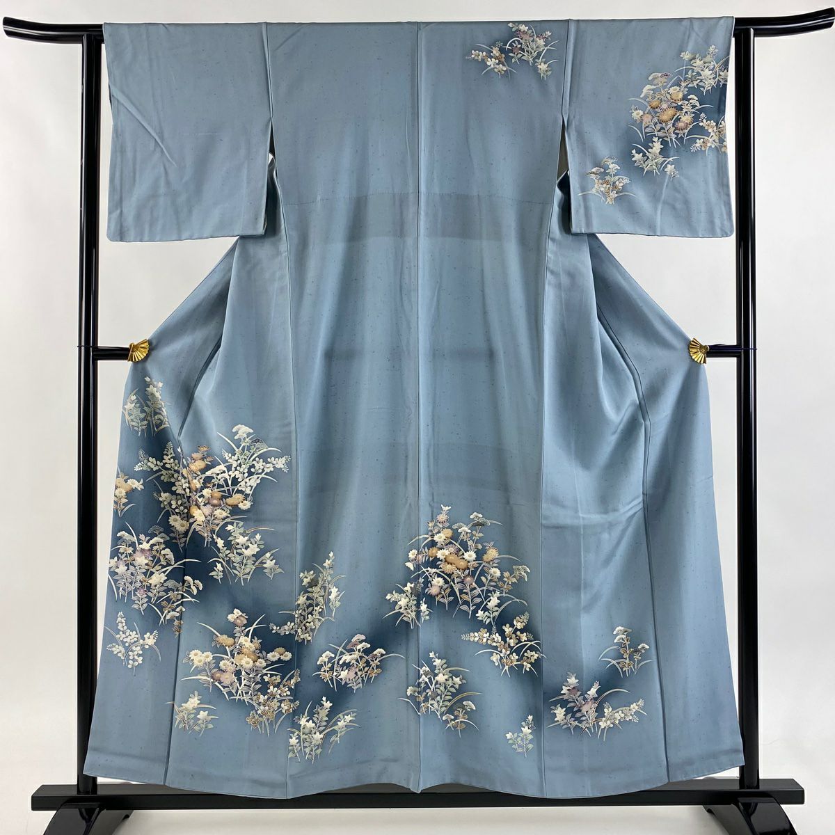 訪問服 身長156cm 袖長63.5cm S 雙層 秋草 金彩裝飾 漸層 青灰 純蠶絲 優品級