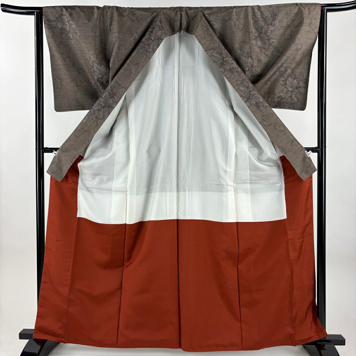【美品】 紬織 身長163cm 袖長63cm S 雙層 大和 葉與果實 茶 純蠶絲 優品級