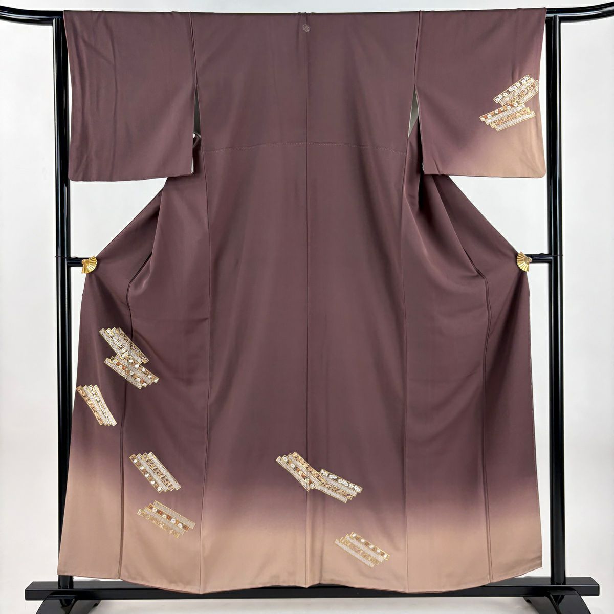 付下 身長157cm 袖長63cm S 雙層 松樹 菊花唐草紋 金糸 漸層 茶紫 純蠶絲 優品級 一個紋
