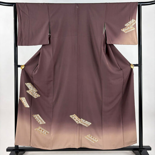 付下 身長157cm 袖長63cm S 雙層 松樹 菊花唐草紋 金糸 漸層 茶紫 純蠶絲 優品級 一個紋